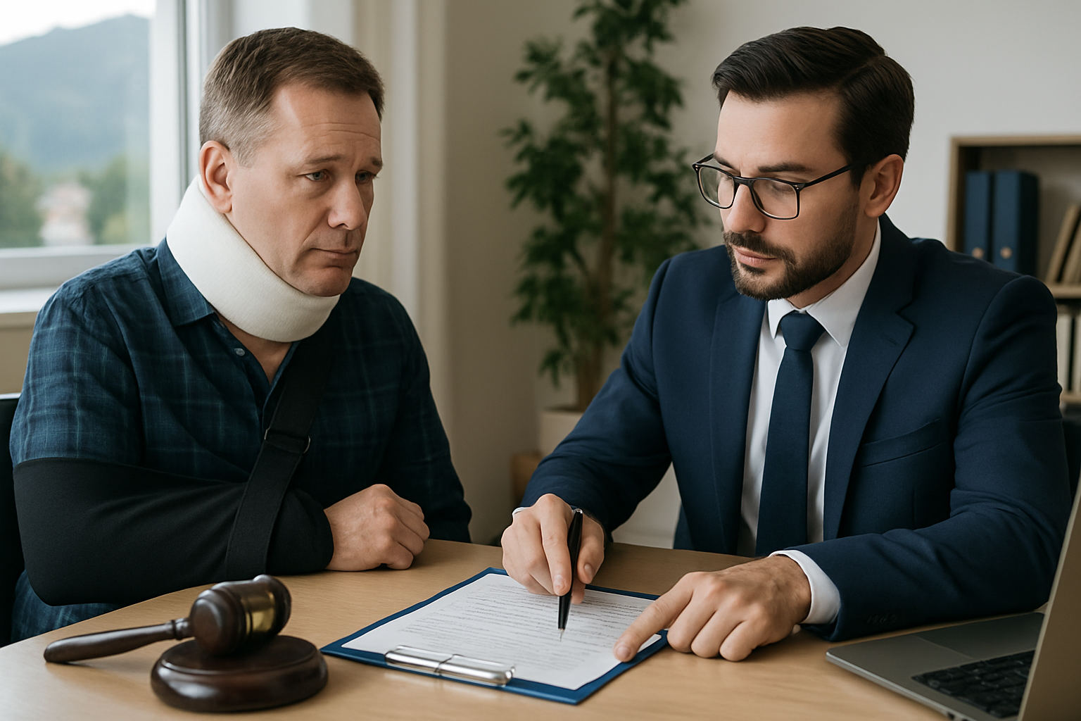 Personal Injury Claims Process Montana: A Guide for Small Business Owners 1 Montana business owner reviewing insurance documents and claim paperwork at office desk with computer and file folders