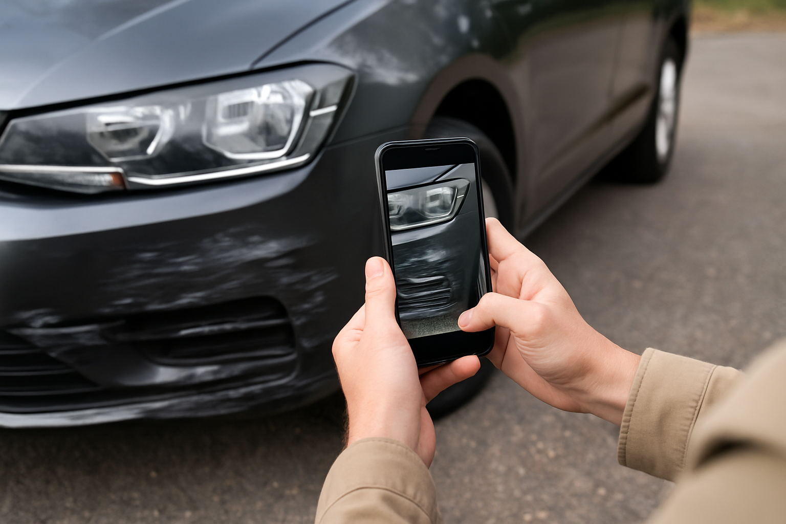 Documenting Car Accident Damage with Photos: A Business Owner's Guide to Protecting Your Assets 1 Professional businessman documenting vehicle damage with smartphone camera at accident scene, showing systematic photo documentation process