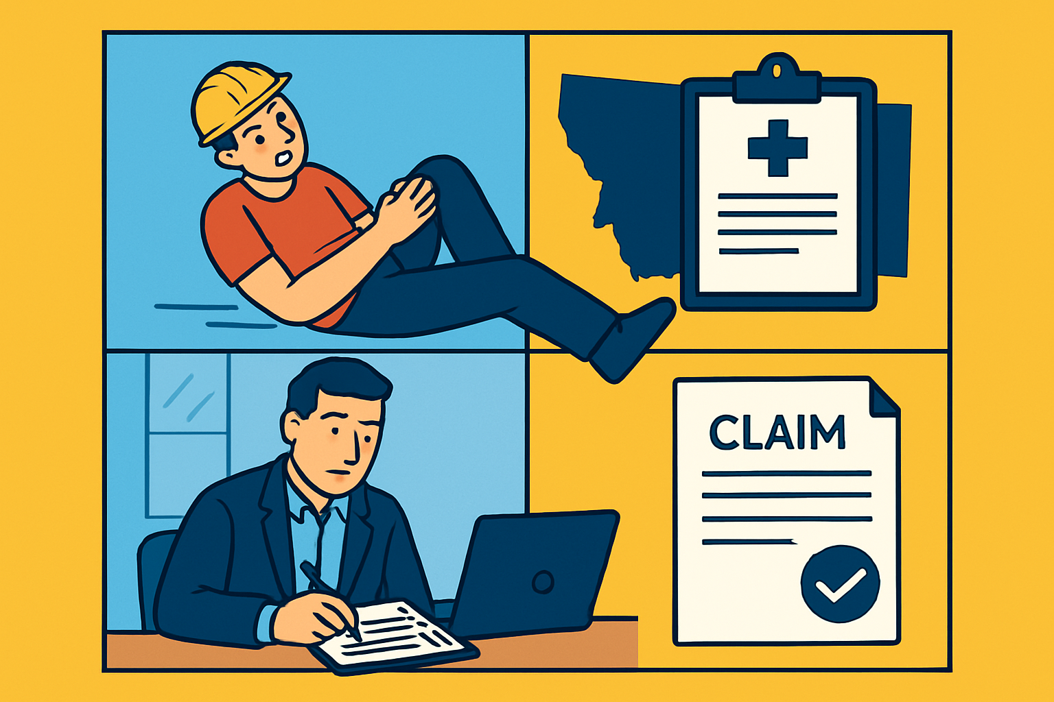 How to File a Workers Comp Claim in Montana: A Step-by-Step Guide for Employers 1 Business owner reviewing workers compensation claim forms and documentation at desk with laptop and paperwork