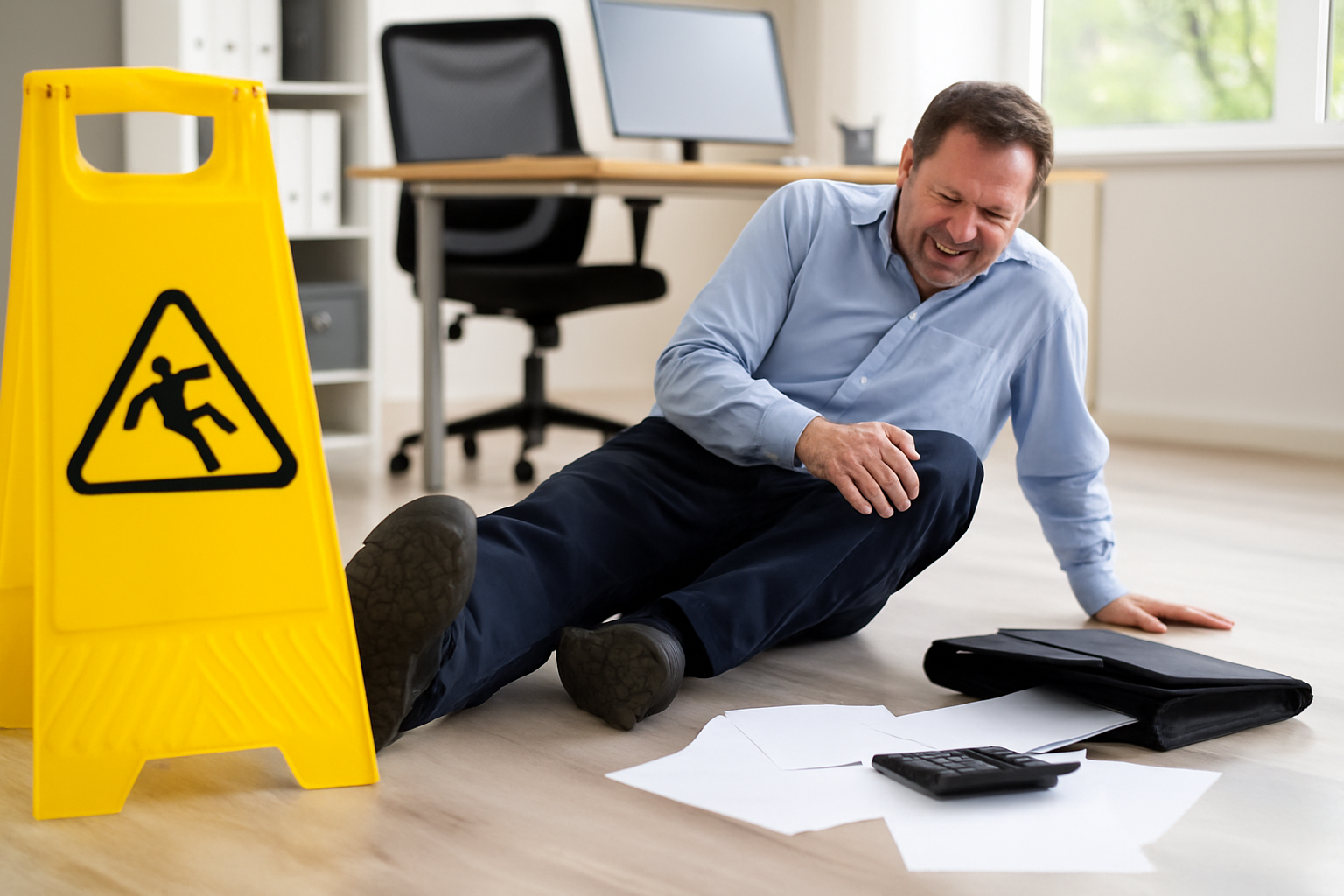 The True Cost of Workplace Slip and Fall Accidents: A Financial Breakdown for Small Business Owners 1 Business owner reviewing financial documents showing workplace accident costs and insurance premiums