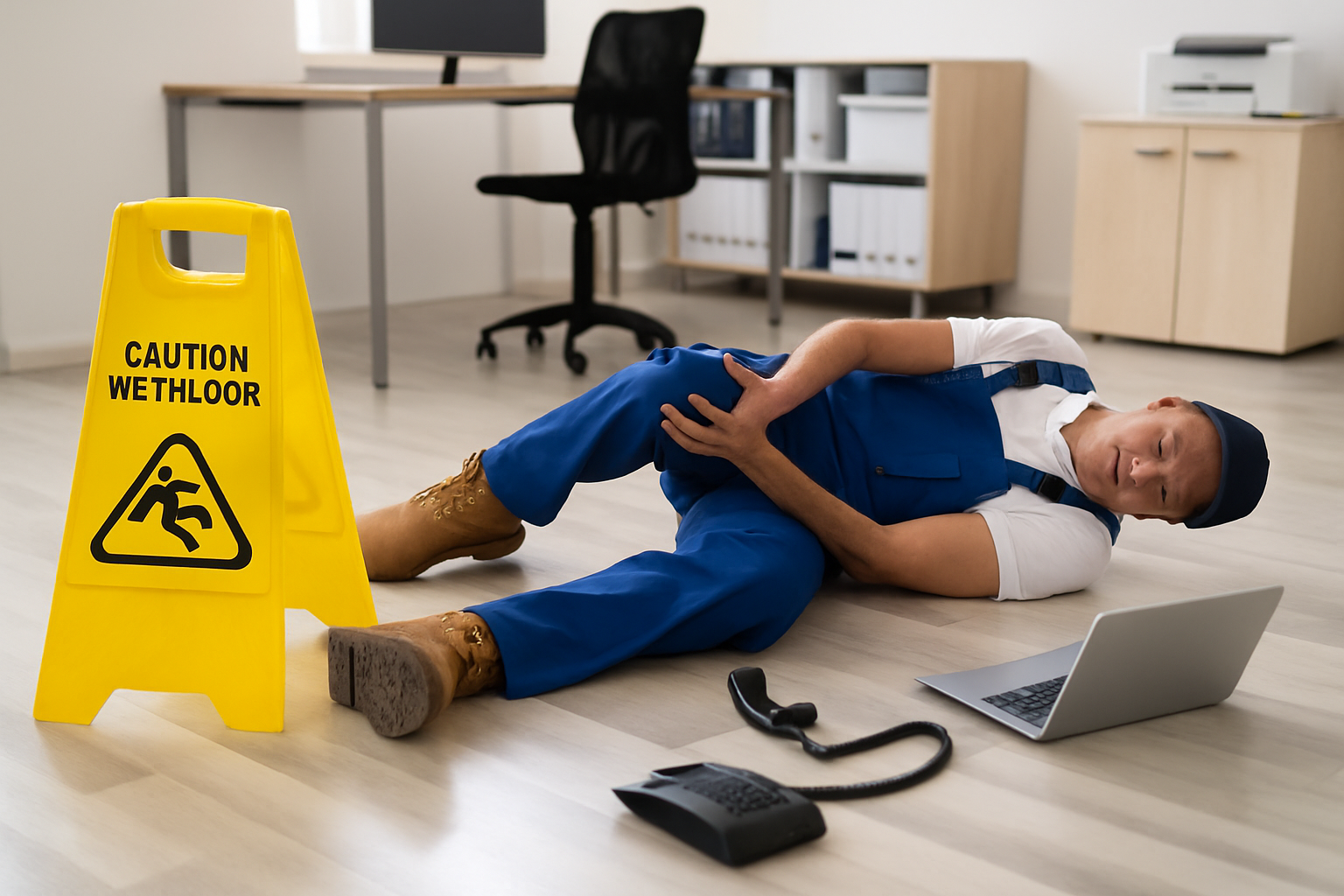 Workers Compensation Slip and Fall Costs Montana: What Business Owners Need to Know 1 Montana business owner reviewing workers compensation costs and safety documentation at desk with calculator and charts