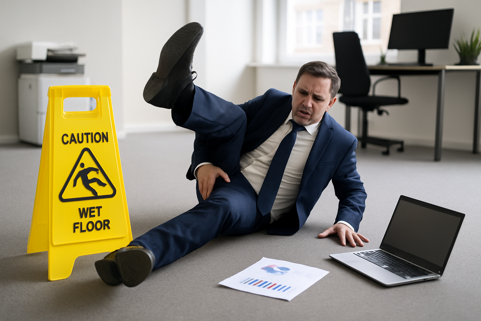Workplace Slip and Fall Injury Statistics and Costs: A Comprehensive Guide for Business Owners 1 Professional business office environment showing safety measures and clean walkways to prevent workplace slip and fall accidents